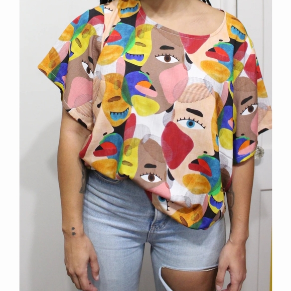 OGE AJIBE‎ M multicoloured abstract faces wearable art Canadian Rayon Picasso - Picture 5 of 16